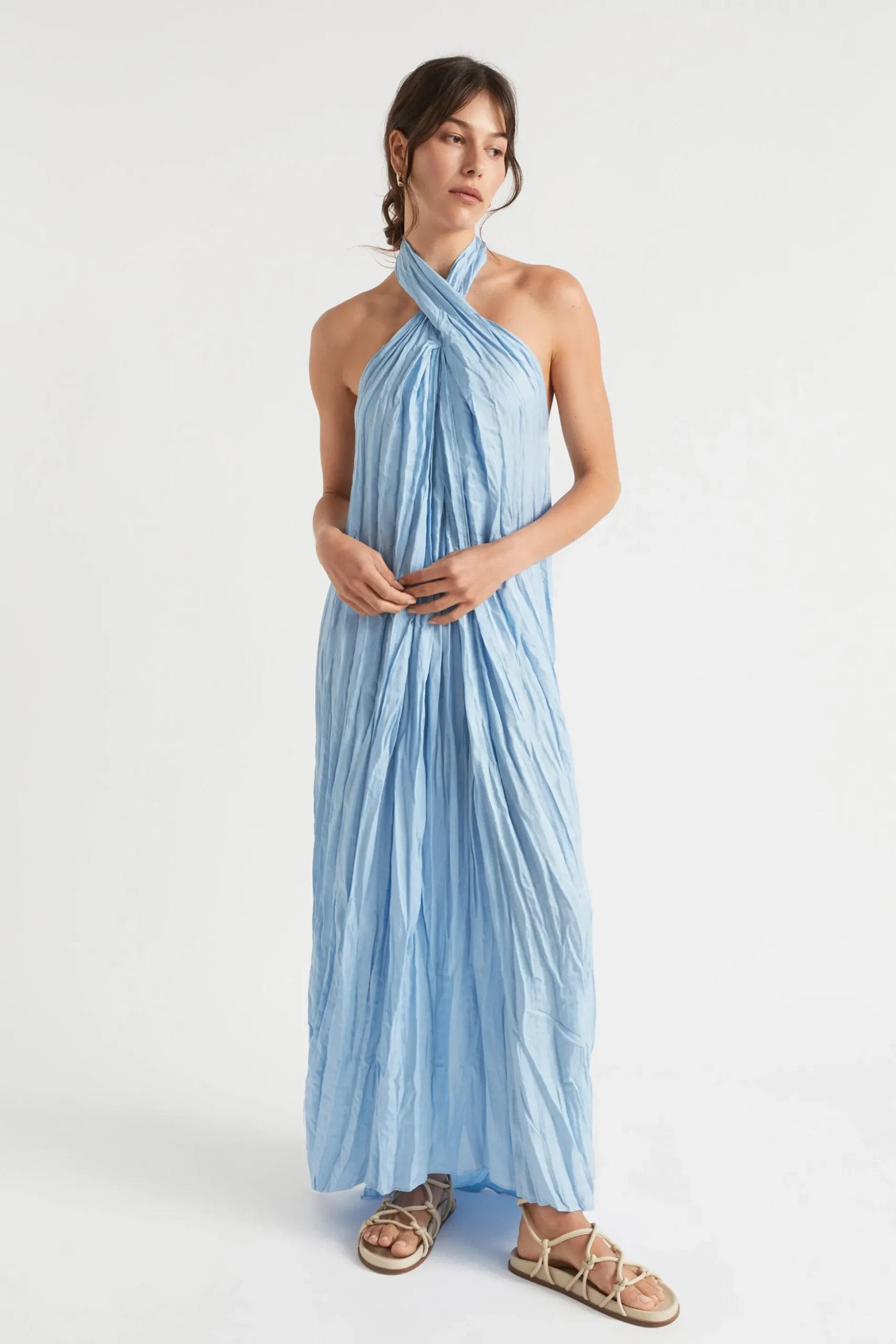 Seed Heritage Dresses-Satin Halter Maxi Dress Bluebell