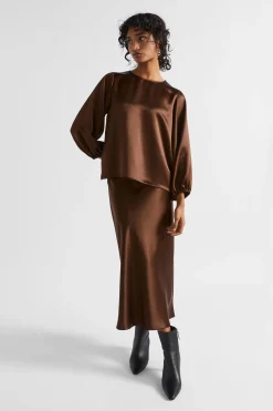 Seed Heritage Skirts-Satin Slip Midi Skirt Hot Chocolate