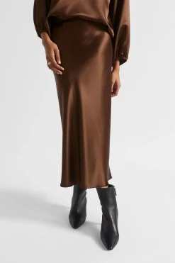 Seed Heritage Skirts-Satin Slip Midi Skirt Hot Chocolate