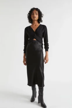 Seed Heritage Skirts-Satin Slip Midi Skirt Black