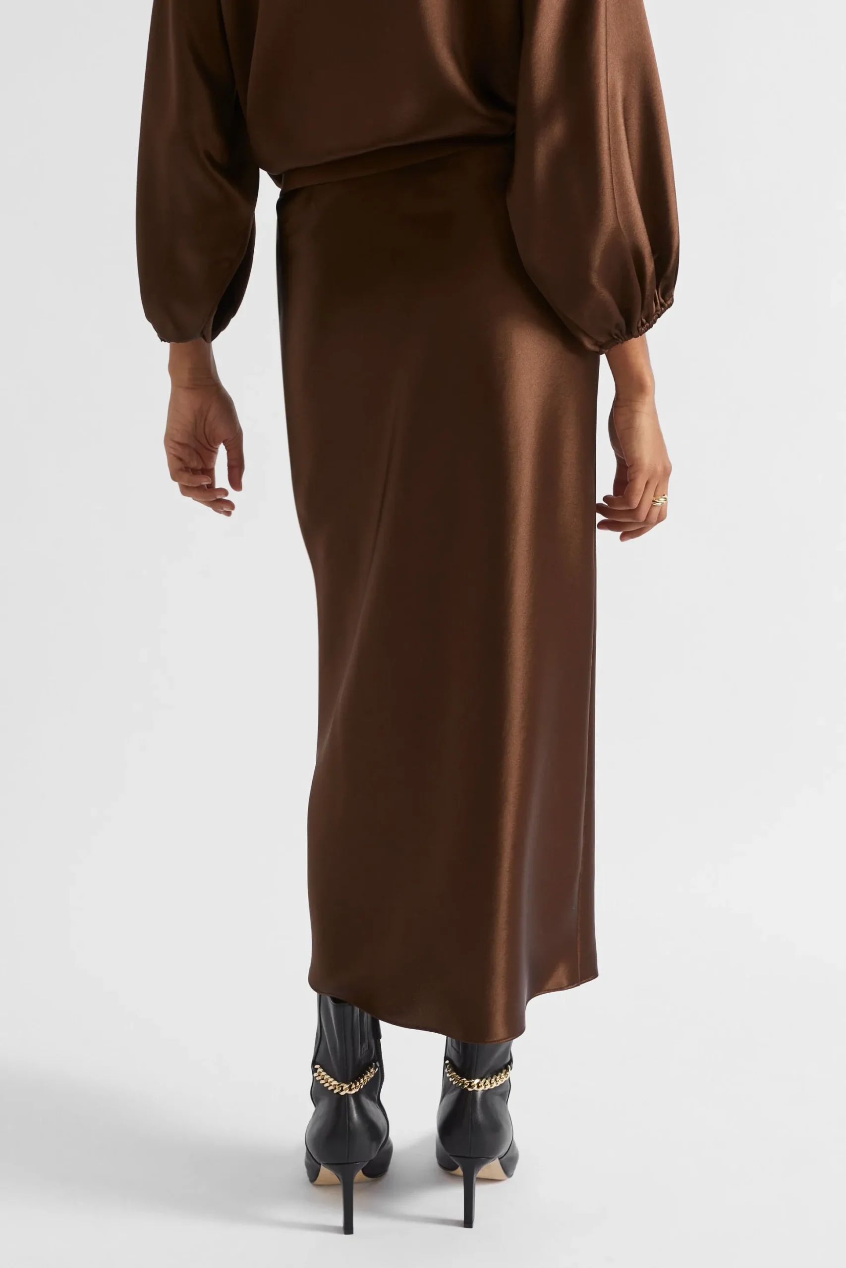 Seed Heritage Skirts-Satin Slip Midi Skirt Hot Chocolate