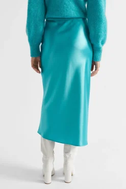 Seed Heritage Skirts-Satin Slip Midi Skirt Peacock Blue