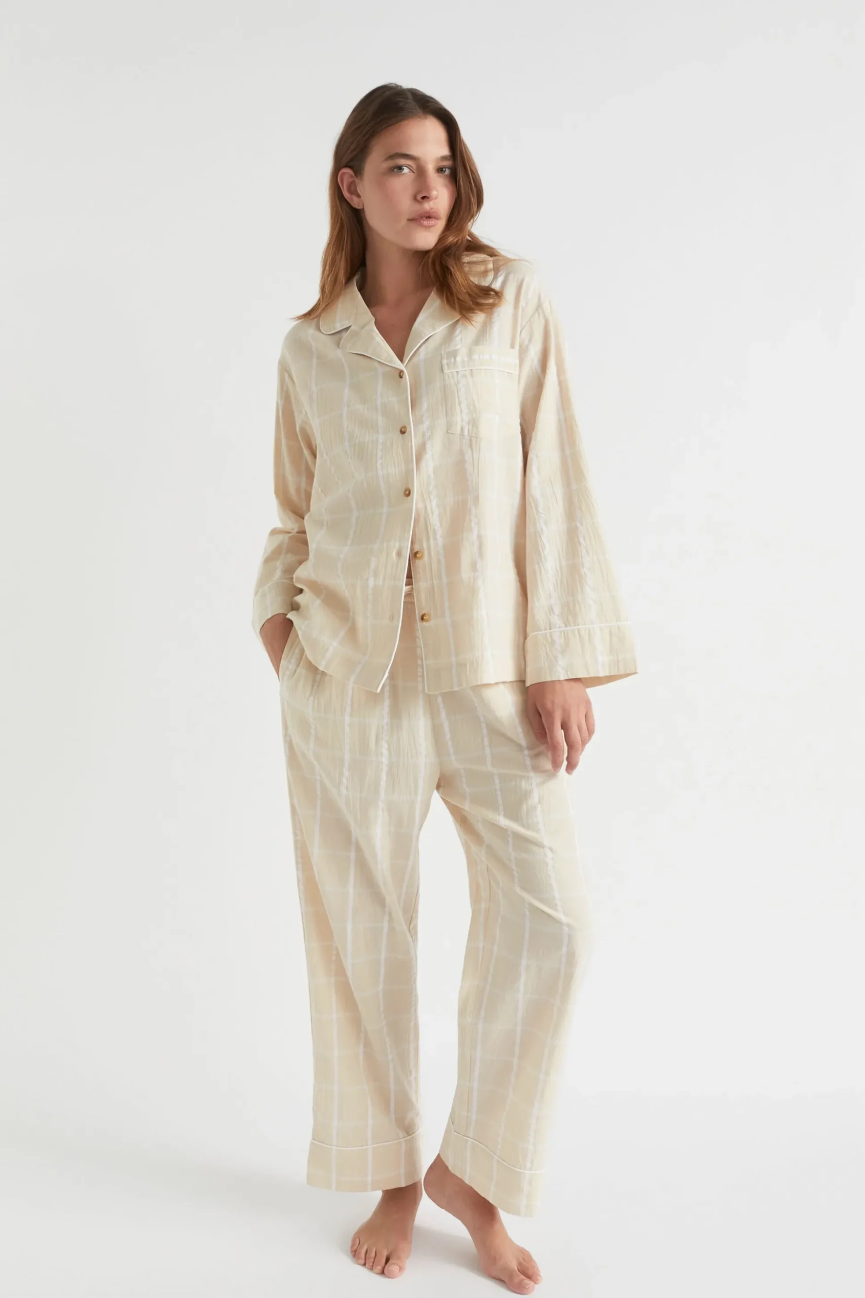 Seed Heritage Sleepwear-Seersucker Grid Sleep Shirt Stone
