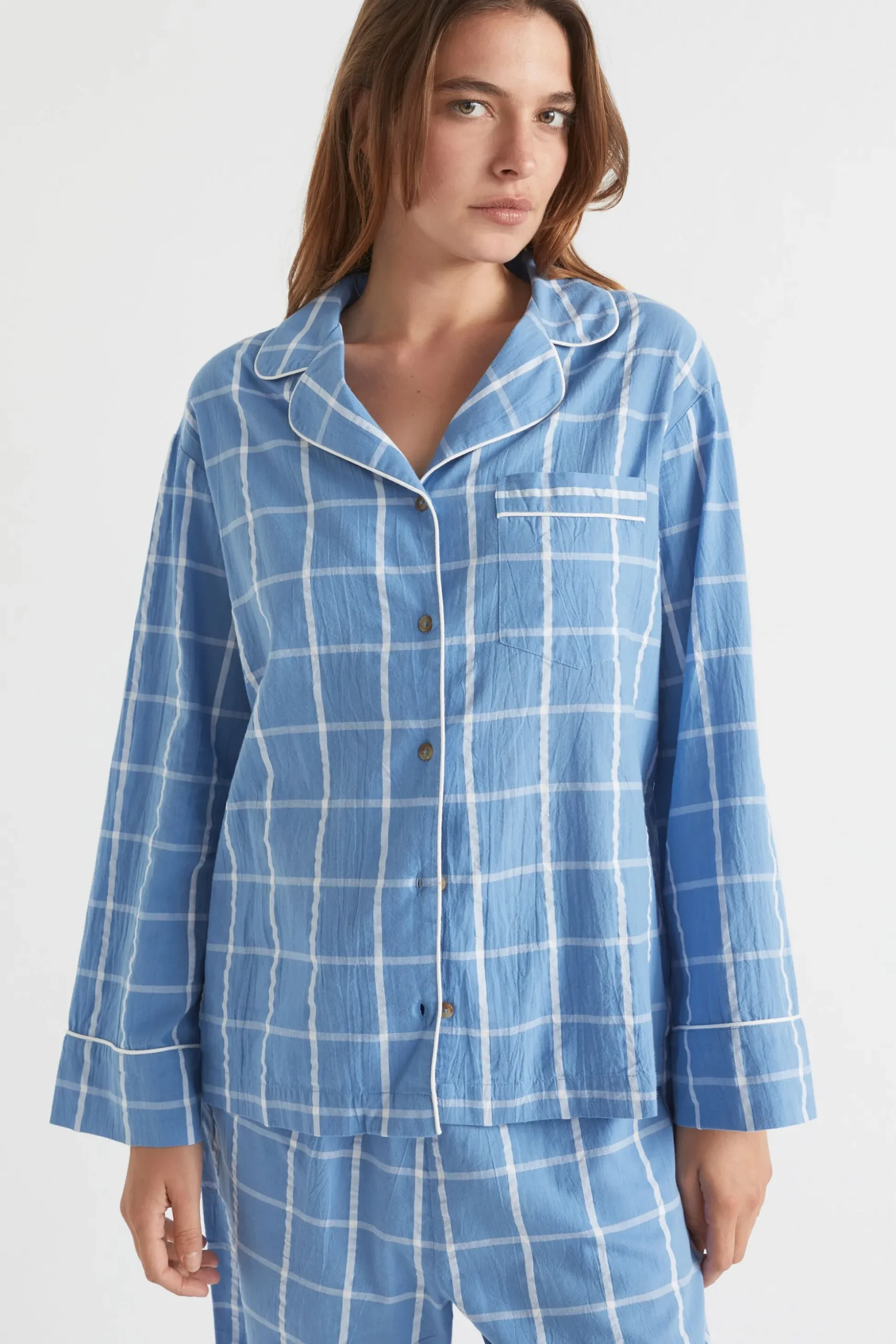 Seed Heritage Sleepwear-Seersucker Grid Sleep Shirt Azure