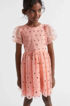 Seed Heritage Dresses-Sequin Daisy Bubble Hem Dress Soft Coral