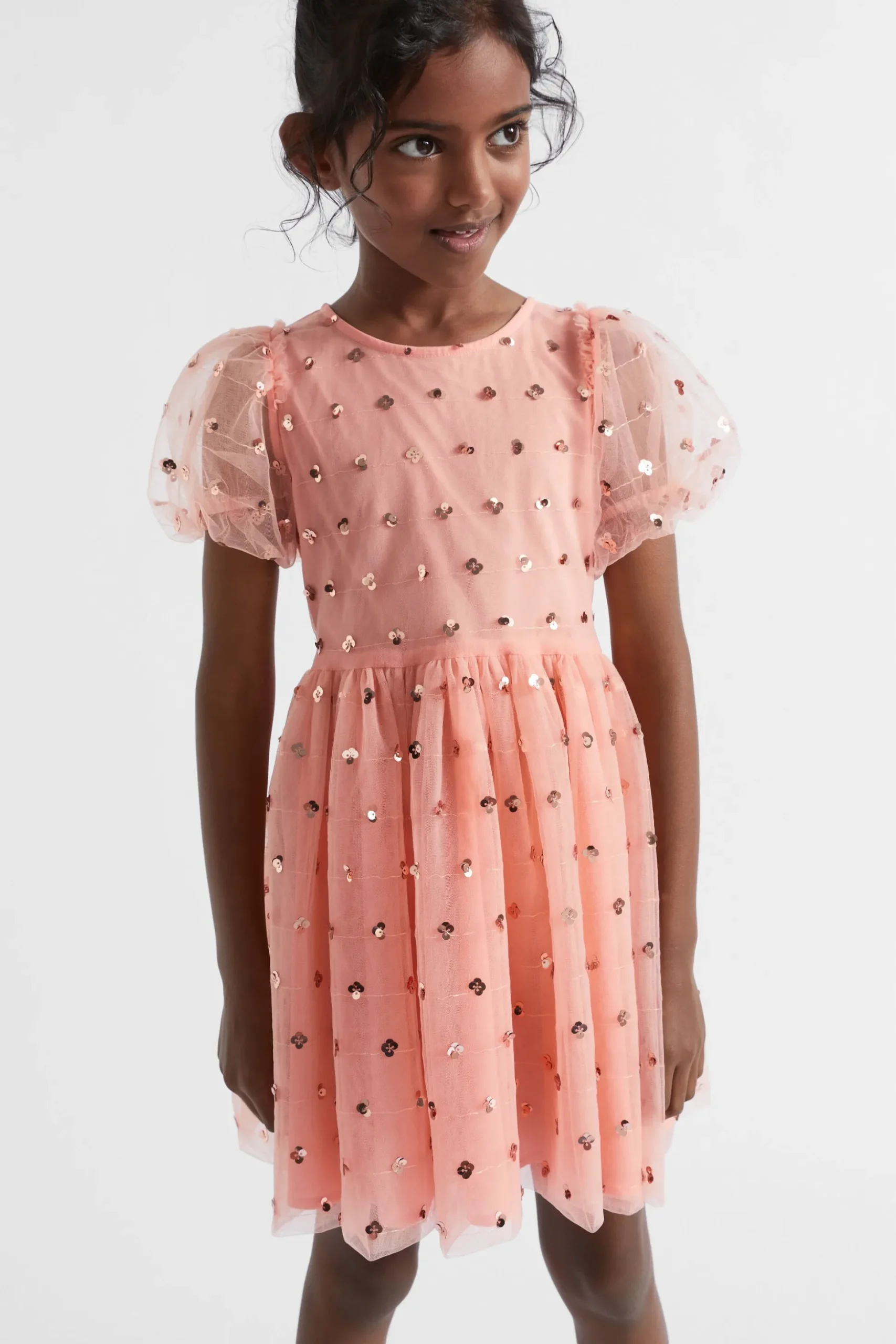 Seed Heritage Dresses-Sequin Daisy Bubble Hem Dress Soft Coral