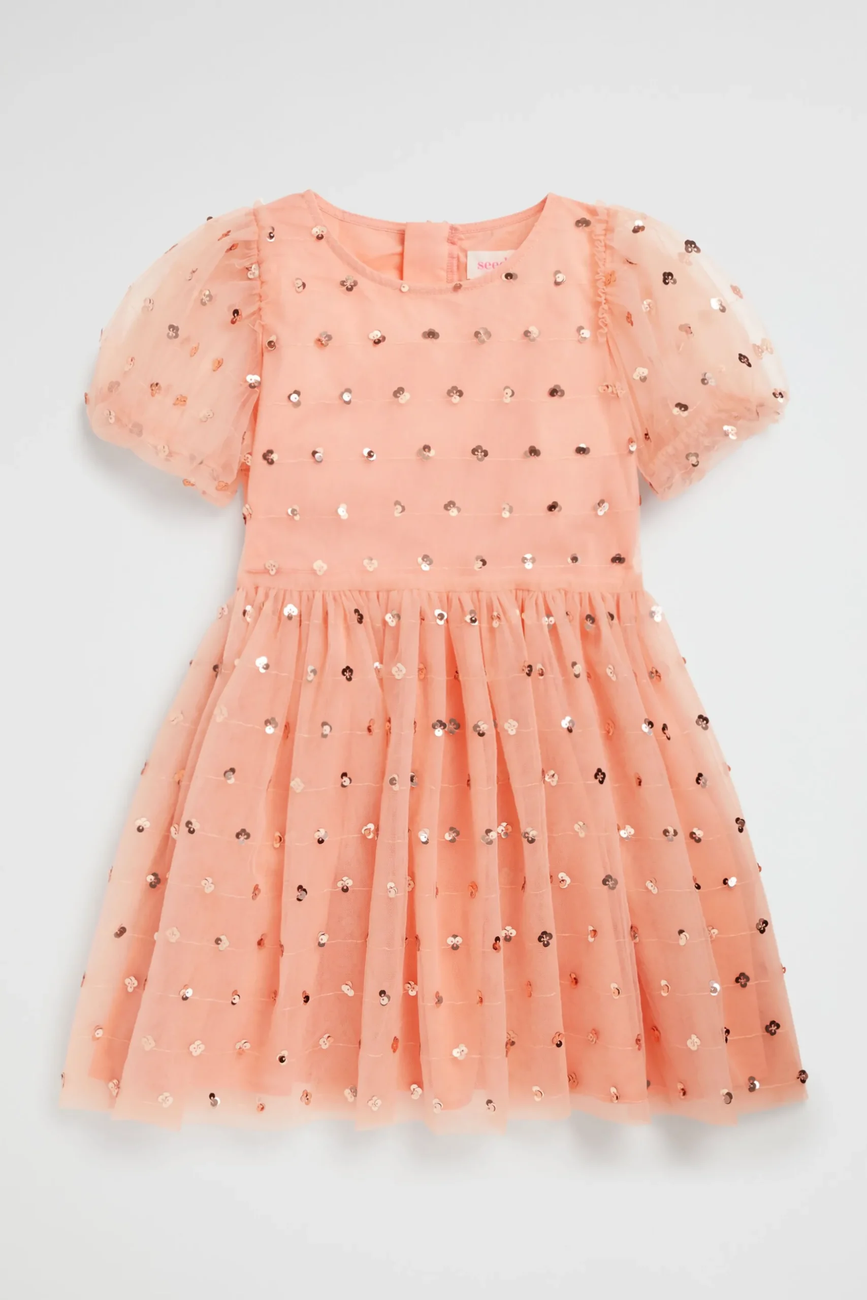 Seed Heritage Dresses-Sequin Daisy Bubble Hem Dress Soft Coral