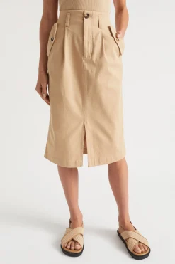 Seed Heritage Skirts-Split Front Midi Skirt Light Chestnut