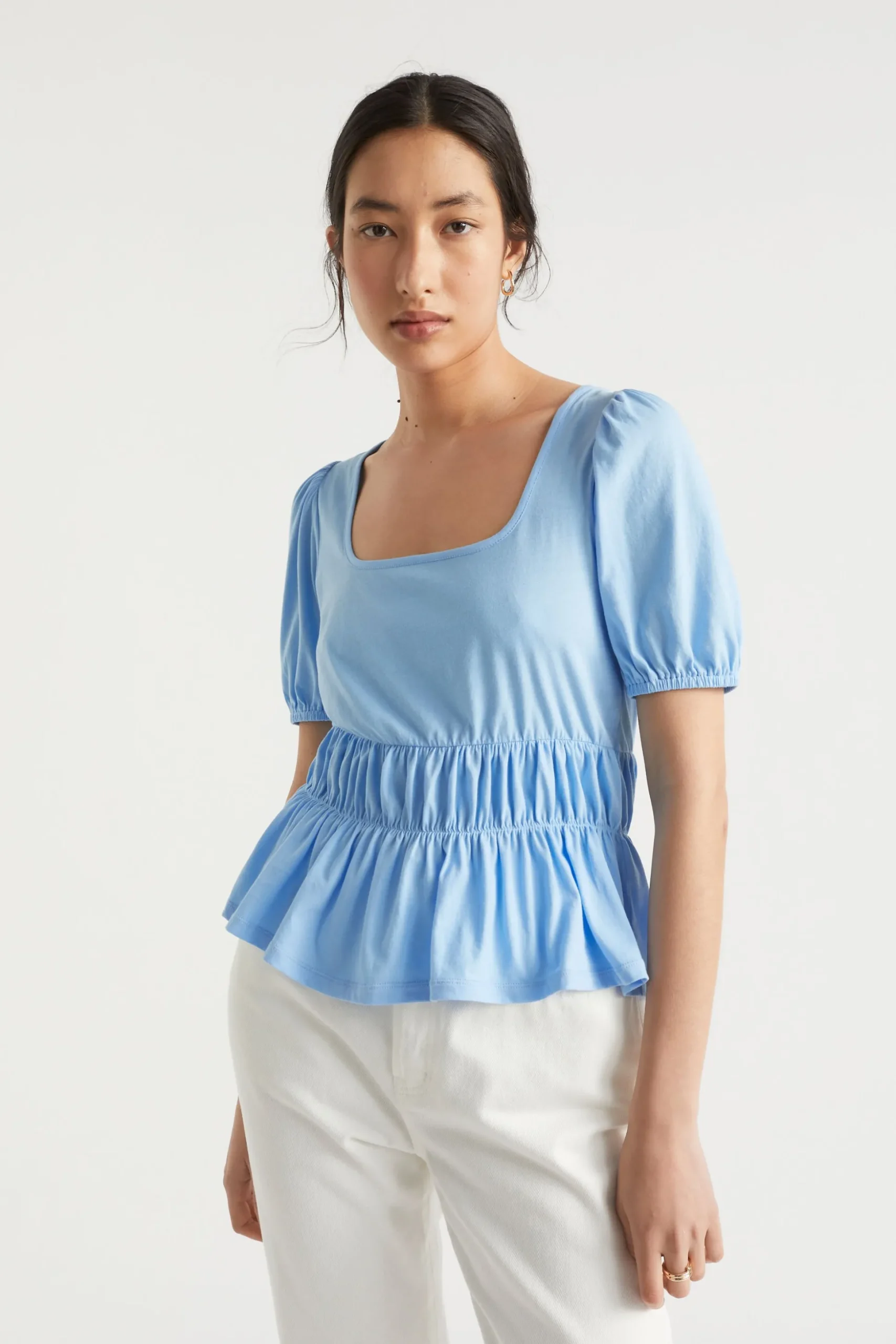 Seed Heritage T-Shirts & Tops-Square Neck Ruched Tee Bluebell
