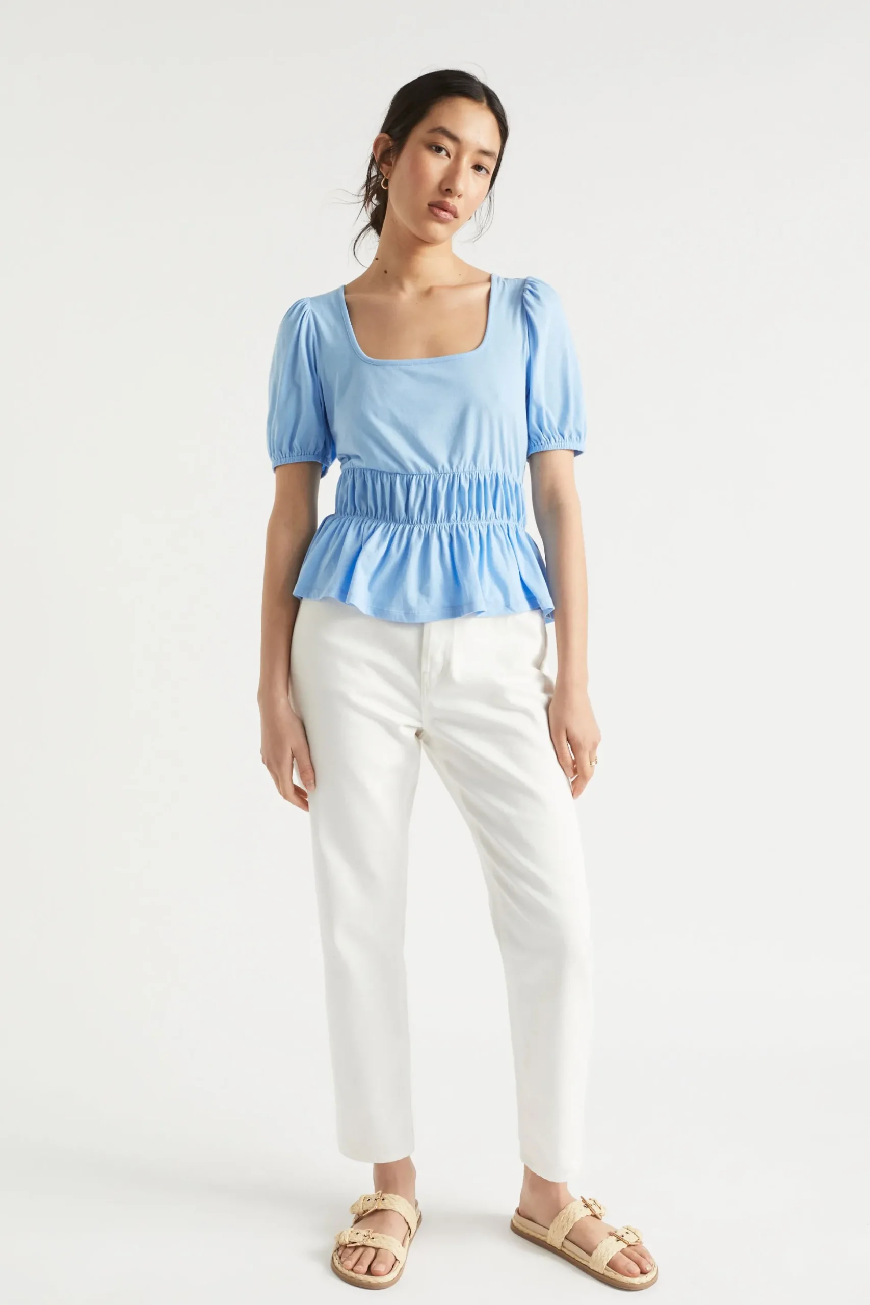 Seed Heritage T-Shirts & Tops-Square Neck Ruched Tee Bluebell