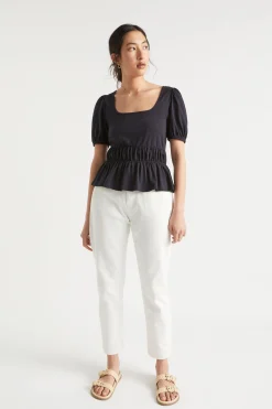 Seed Heritage T-Shirts & Tops-Square Neck Ruched Tee Deep Navy