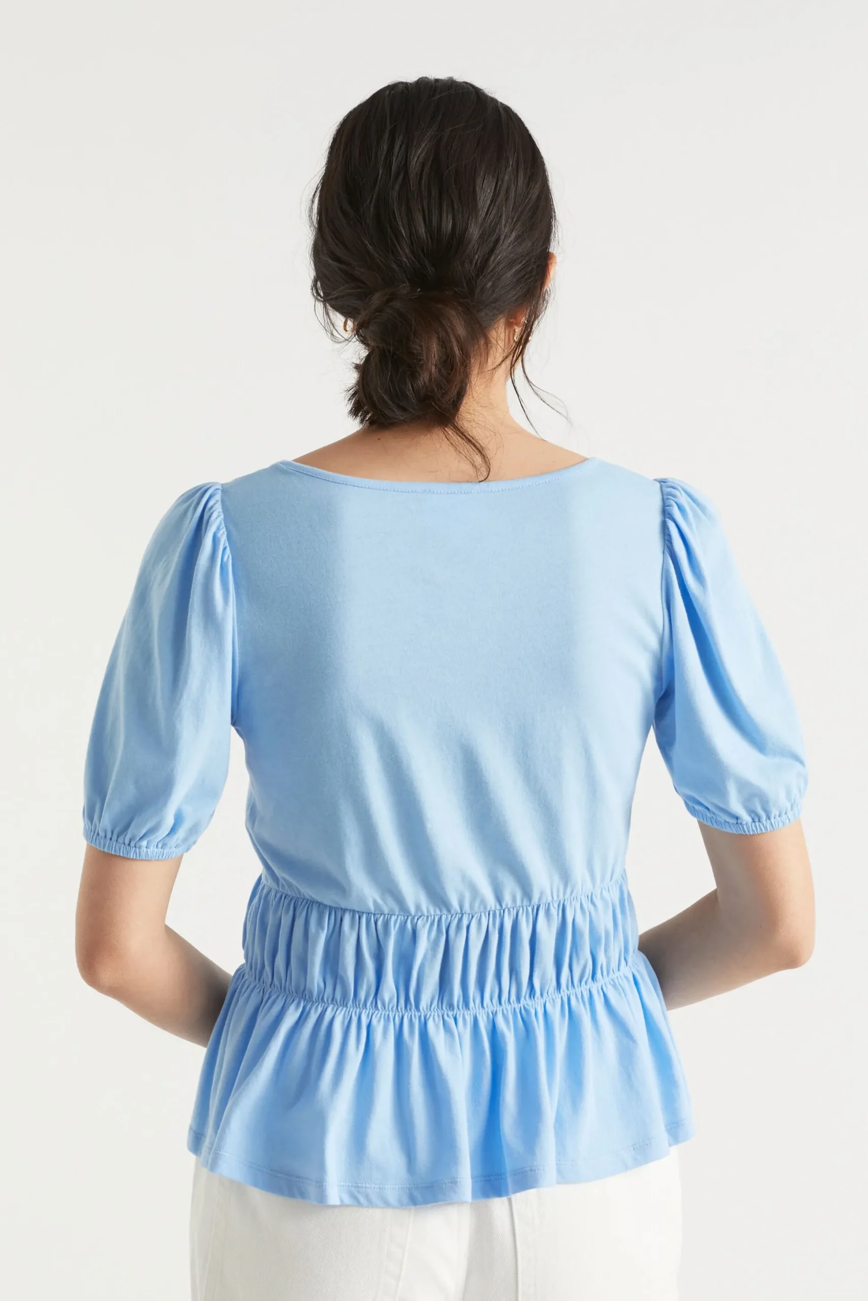 Seed Heritage T-Shirts & Tops-Square Neck Ruched Tee Bluebell