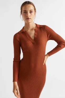 Seed Heritage Dresses-Streamline Polo Knit Midi Dress Burnt Brick