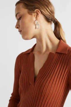 Seed Heritage Dresses-Streamline Polo Knit Midi Dress Burnt Brick
