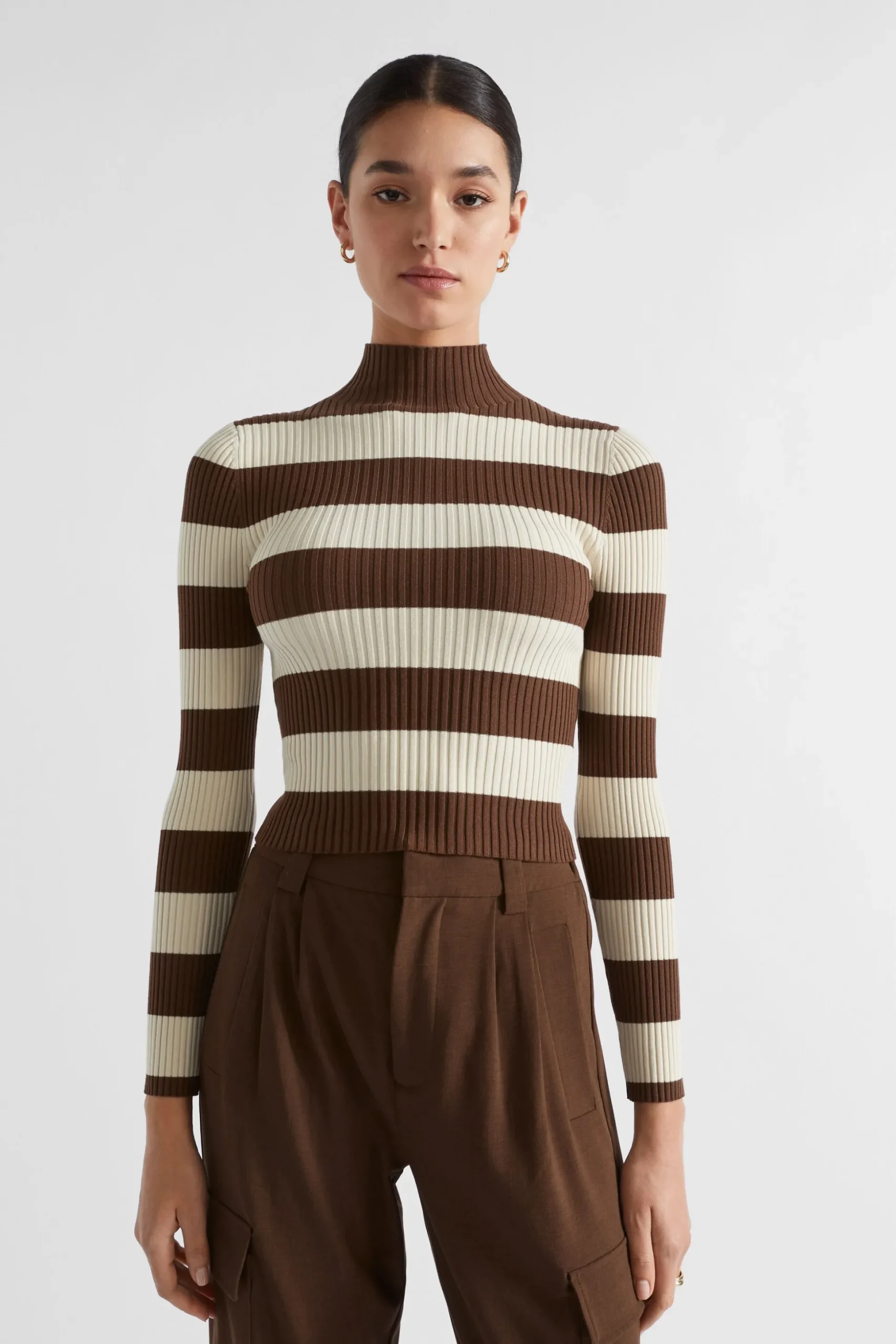 Seed Heritage Knitwear & Sweaters-Stripe Rib Mock Neck Hot Chocolate Stripe