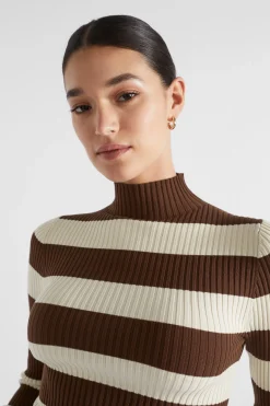 Seed Heritage Knitwear & Sweaters-Stripe Rib Mock Neck Hot Chocolate Stripe