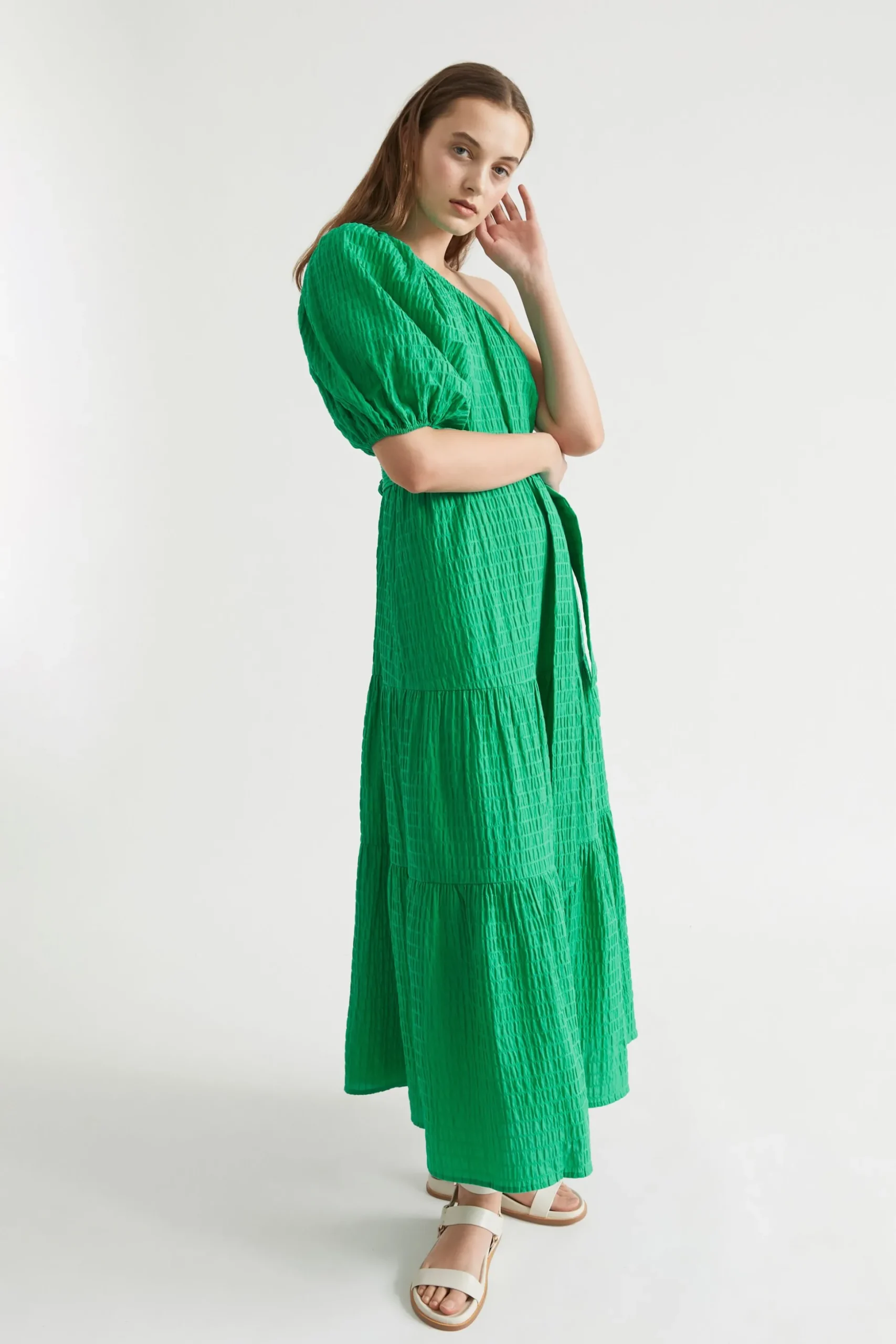 Seed Heritage Dresses-Textured One Shoulder Maxi Dress Bright Mint