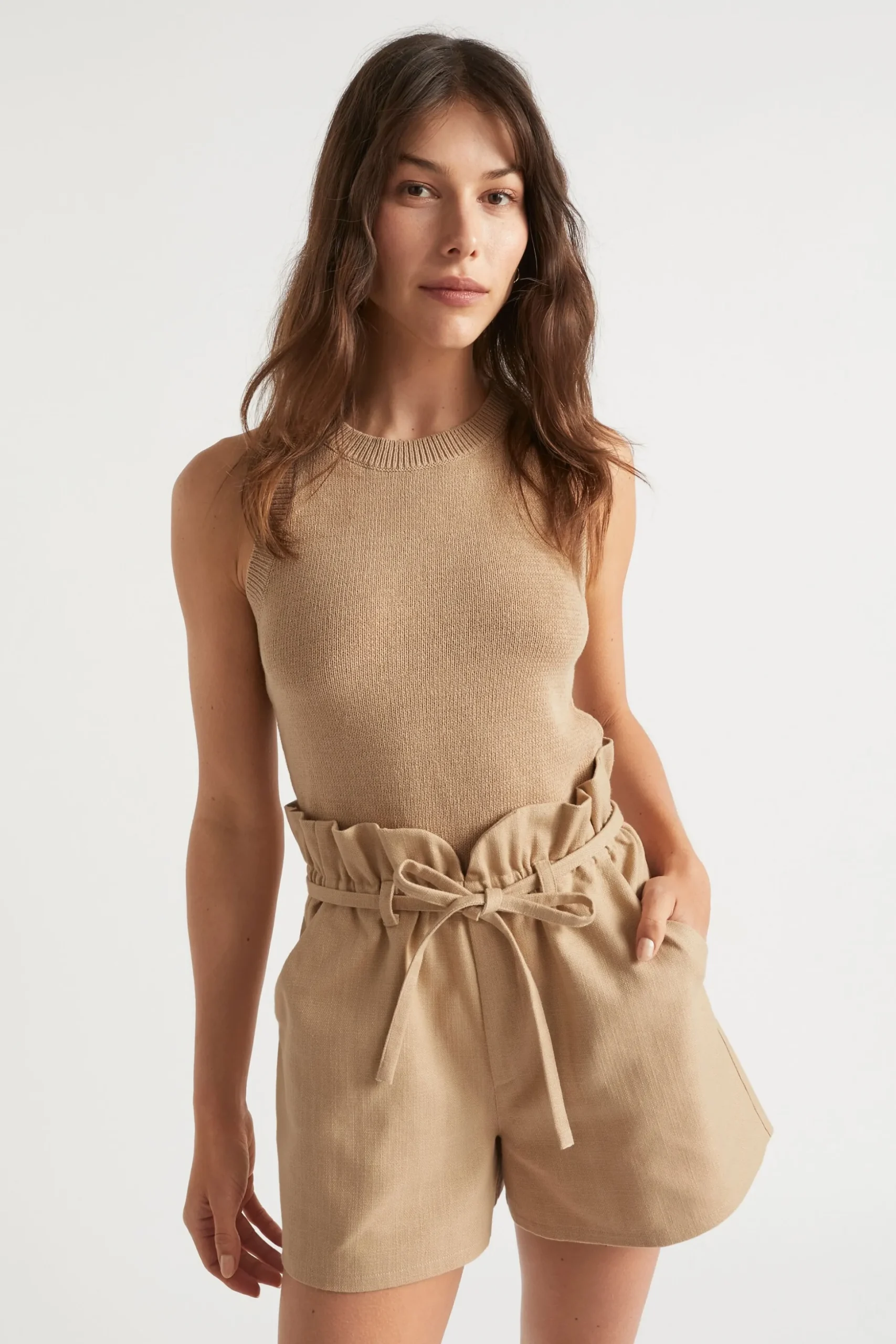 Seed Heritage Shorts-Textured Paperbag Tie Short Light Chestnut