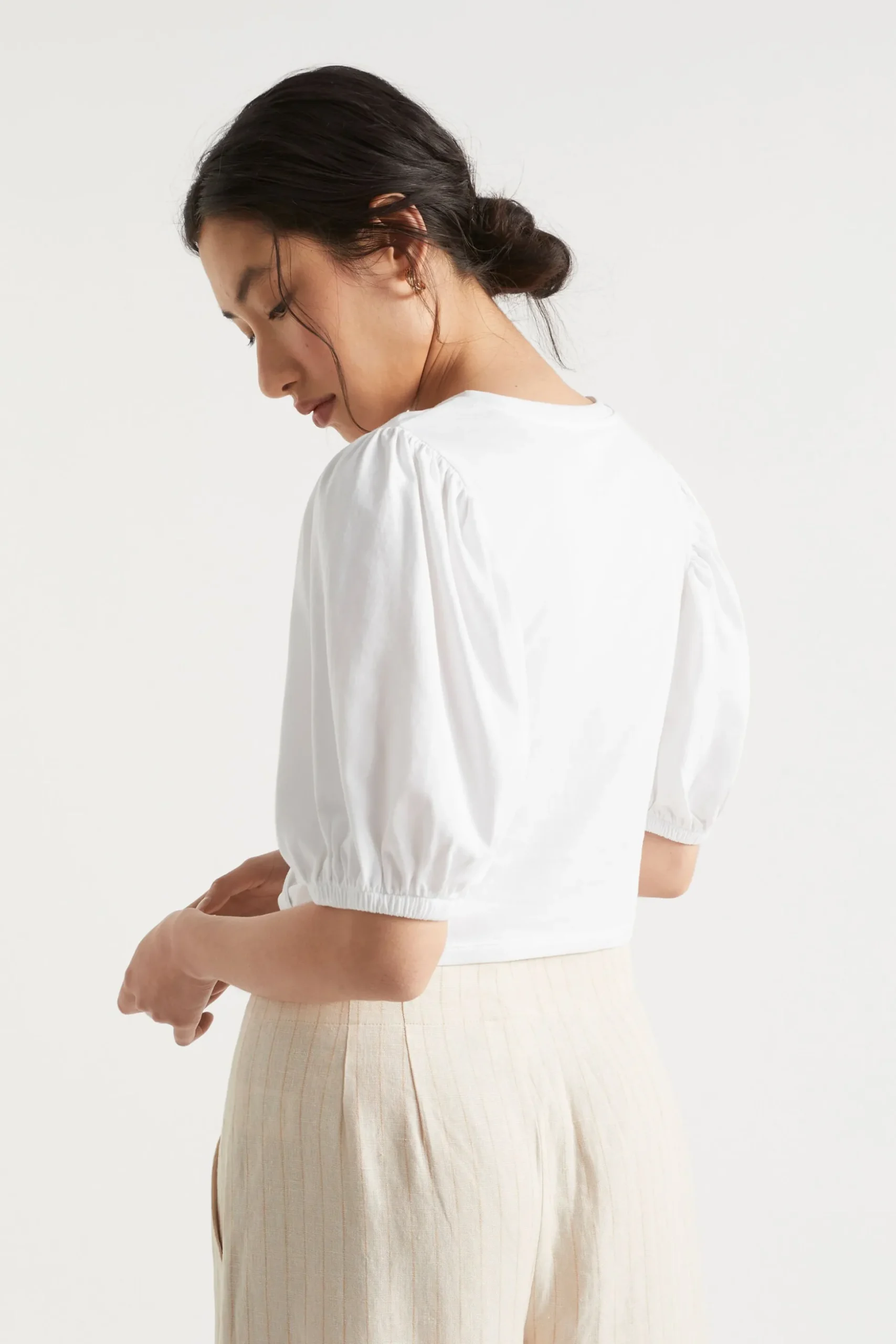 Seed Heritage T-Shirts & Tops-Twist Front Blouson Sleeve Top Whisper White
