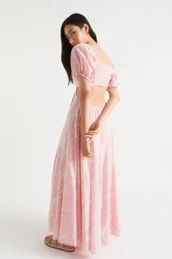 Seed Heritage Dresses-Voile Floral Off Shoulder Maxi Dress Soft Orchid Floral