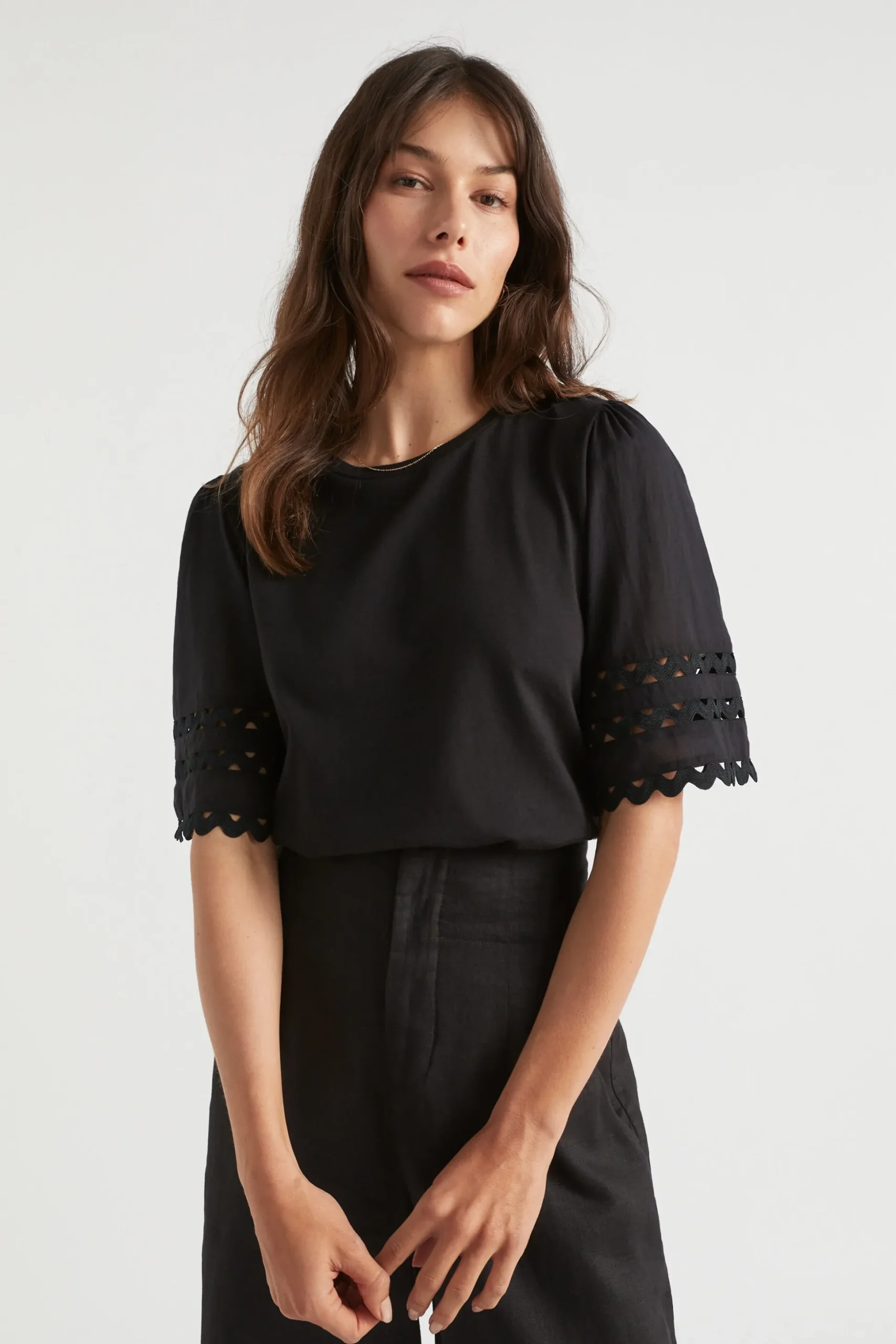 Seed Heritage T-Shirts & Tops-Voile Sleeve Rik Rak Tee Black