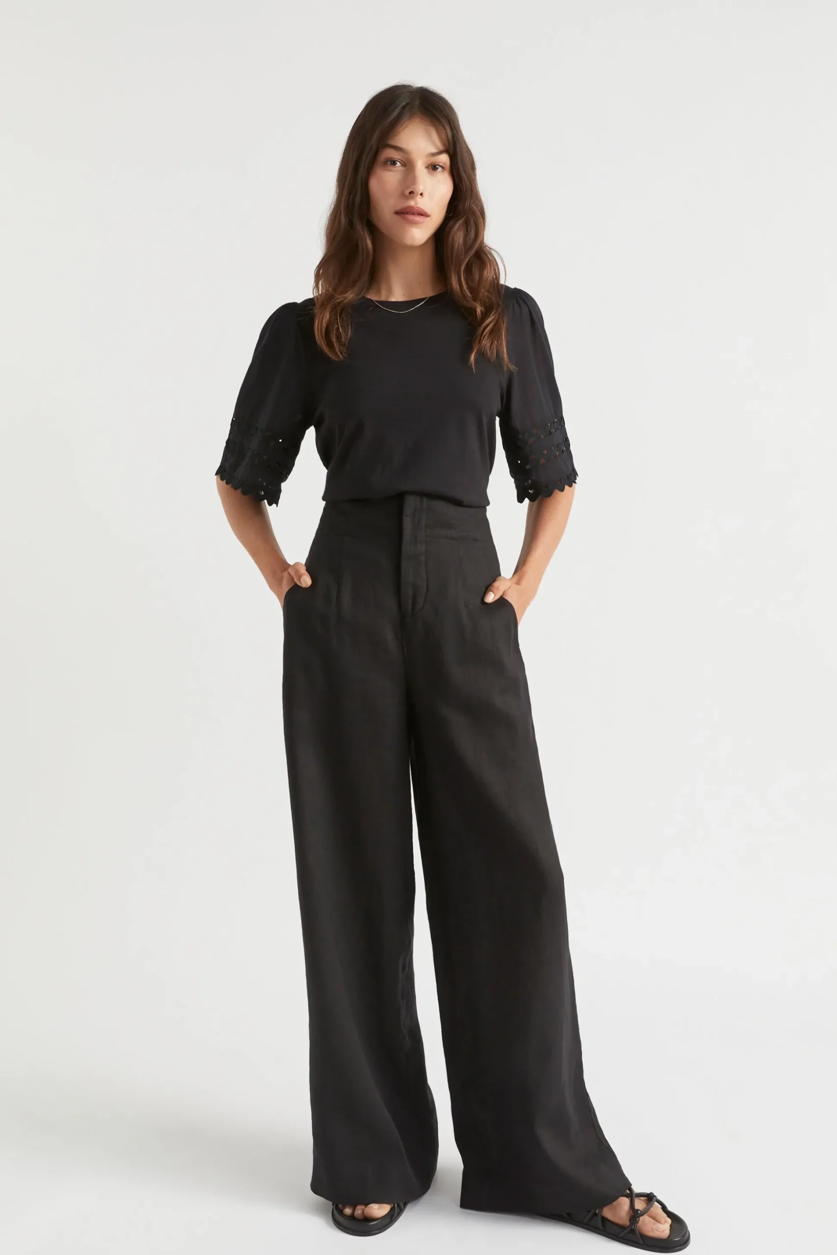 Seed Heritage T-Shirts & Tops-Voile Sleeve Rik Rak Tee Black
