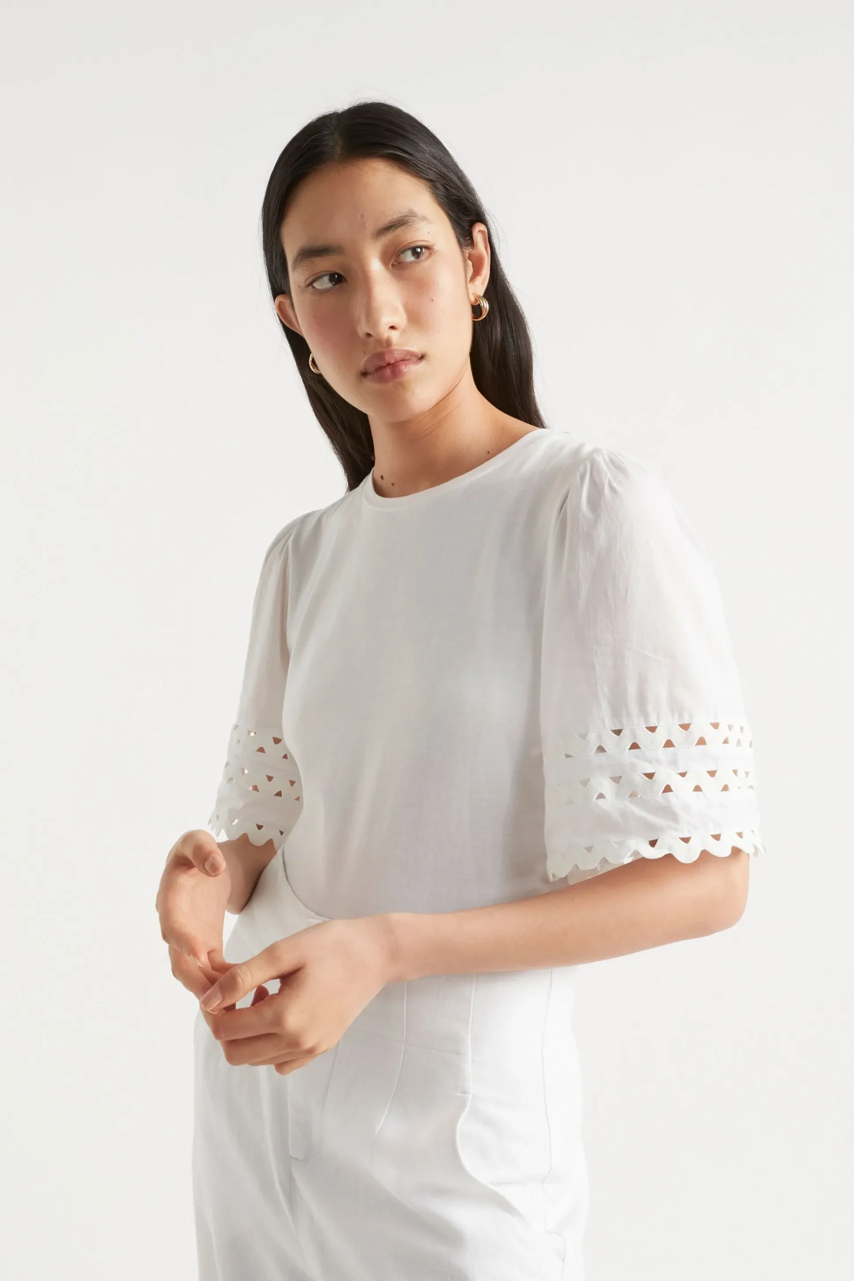 Seed Heritage T-Shirts & Tops-Voile Sleeve Rik Rak Tee Whisper White