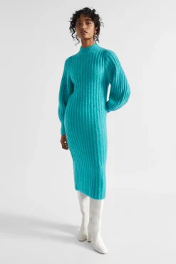 Seed Heritage Knitwear & Sweaters-Wool Blend Knit Midi Dress Peacock Blue Marle
